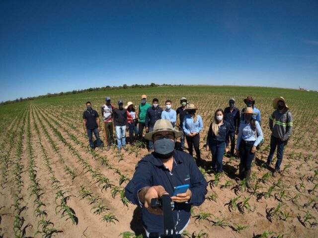 Agrônomos numa fazenda falando sobre agricultura na Bahia