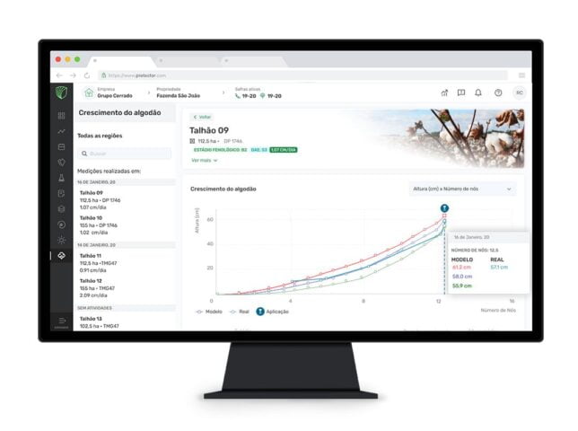 Tela do computador mostrando o aplicativo protector e crescimento do algodão