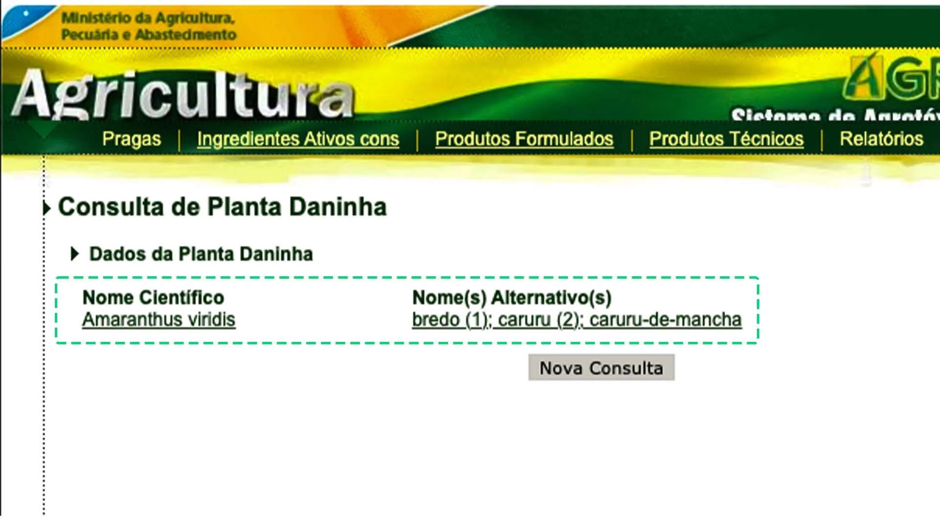 Consulta de pragar no site da Agrofit