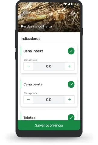 Tela do celular mostrando o aplicativo que faz contabilidade de perdas na colheita