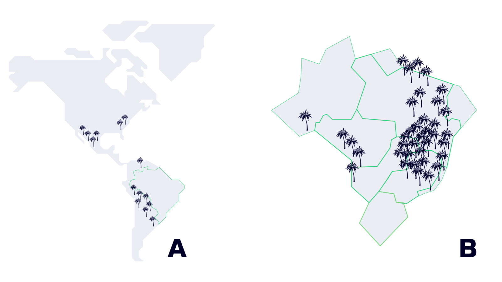 Figura 1. Locais de ocorrência natural da macaúba nas Américas (A) e no território brasileiro (B), abrangendo quatro biomas: Cerrado, Mata Atlântica, Floresta Amazônica e Pantanal. Fonte: Adaptado de Berton (2013).